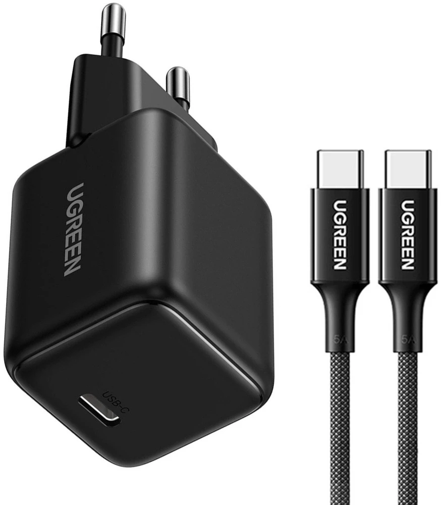 Ugreen X513 30W GaN Laidinis įkroviklis 1x USB-C + 1m USB-C Kabelis - juodos spalvos