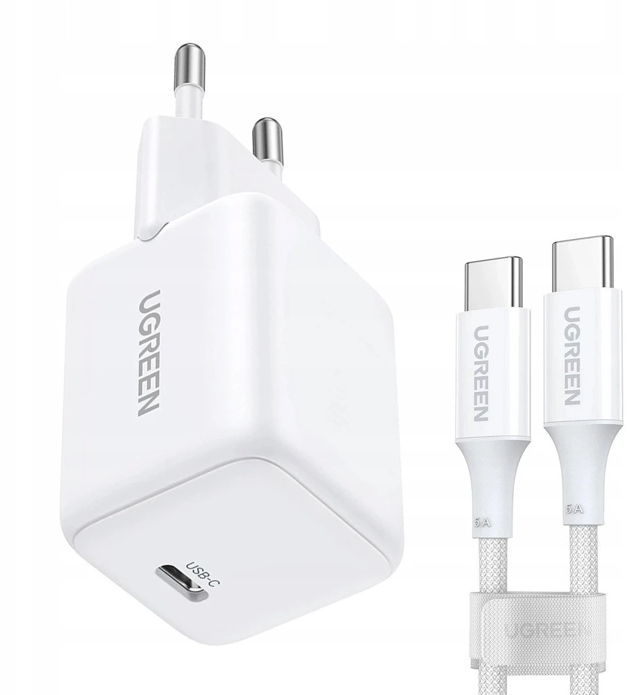 Ugreen X513 30W GaN Laidinis įkroviklis 1x USB-C + 1m USB-C Kabelis - baltos spalvos