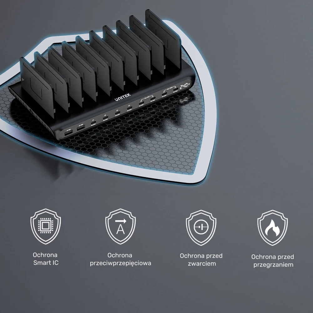 „Unitek“ 10 prievadų USB-C ir USB-A įkrovimo stotelė, 240 W