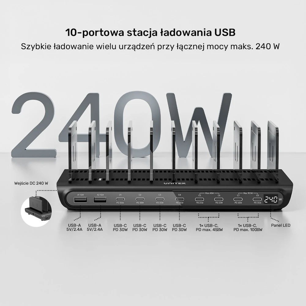 „Unitek“ 10 prievadų USB-C ir USB-A įkrovimo stotelė, 240 W