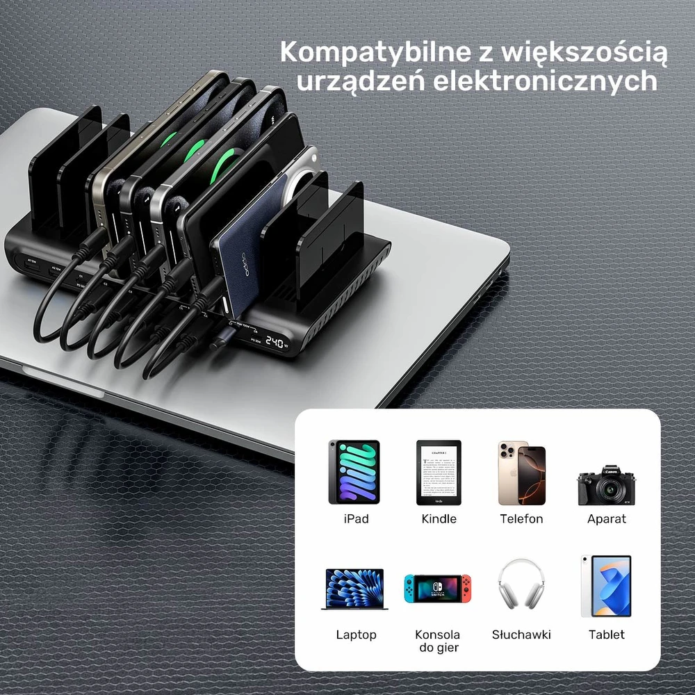 „Unitek“ 10 prievadų USB-C ir USB-A įkrovimo stotelė, 240 W