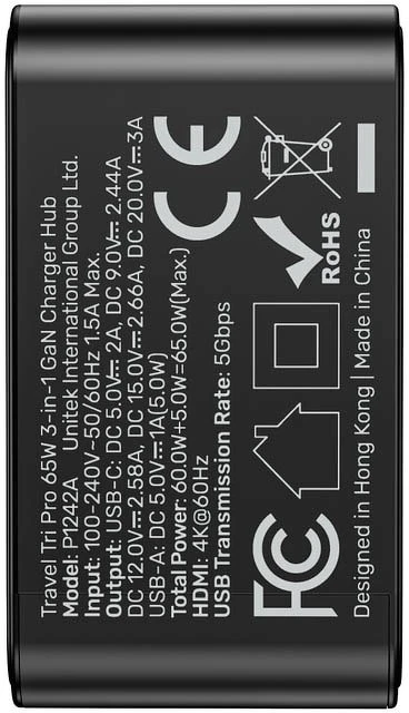 Unitek Kelioninis įkroviklis su hubu GaN 3-in-1 | 65W | 4K@60Hz | USB-A | HDMI | USB-C