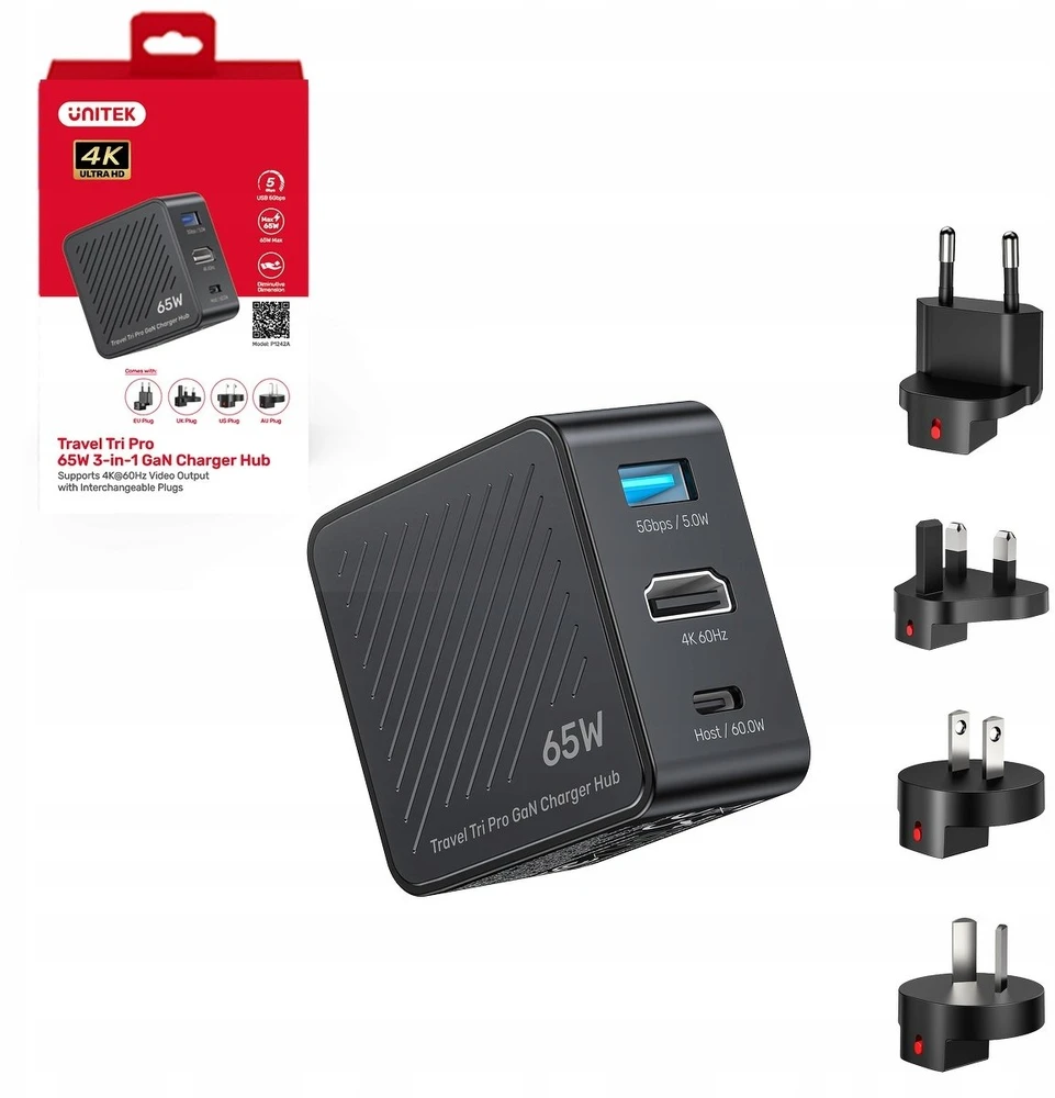 Unitek Kelioninis įkroviklis su hubu GaN 3-in-1 | 65W | 4K@60Hz | USB-A | HDMI | USB-C
