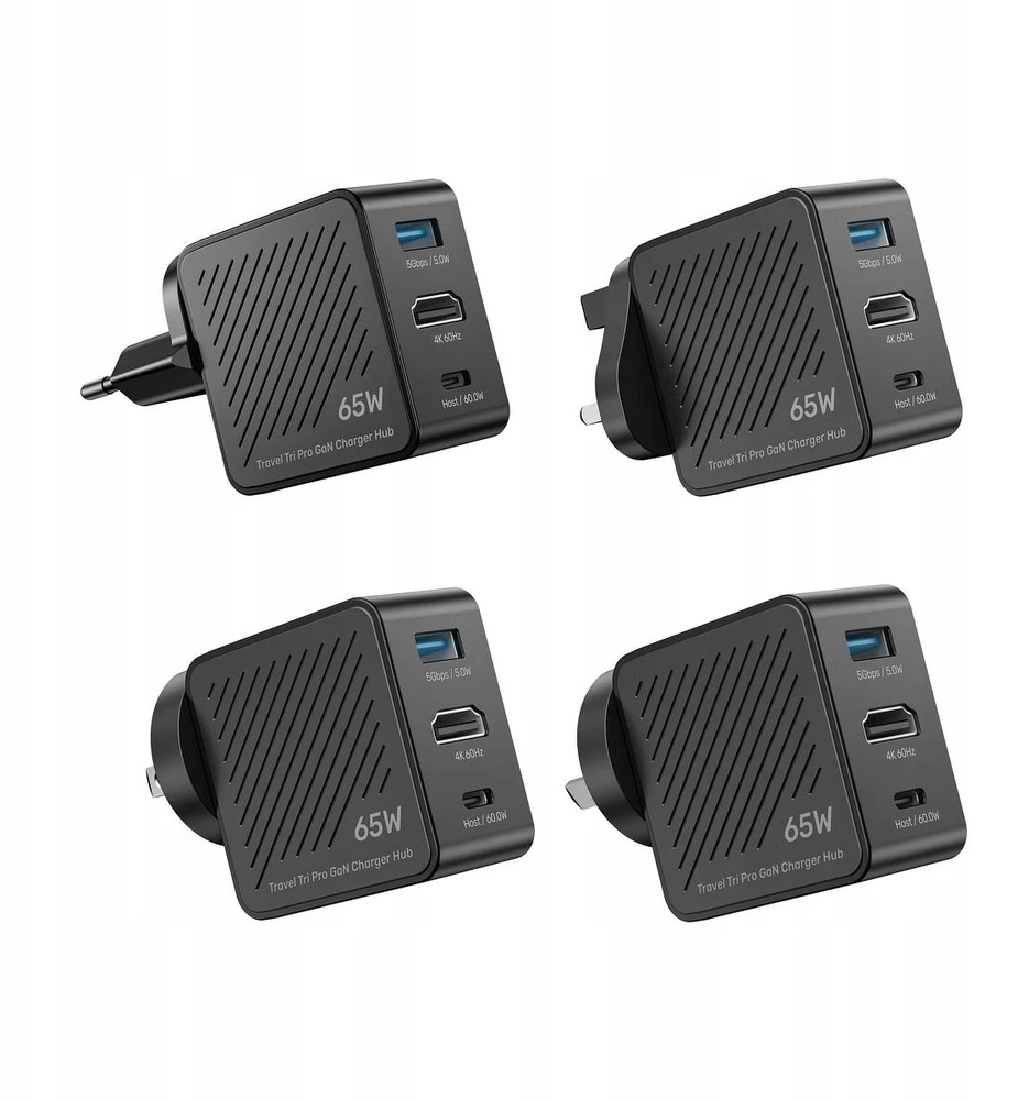 Unitek Kelioninis įkroviklis su hubu GaN 3-in-1 | 65W | 4K@60Hz | USB-A | HDMI | USB-C