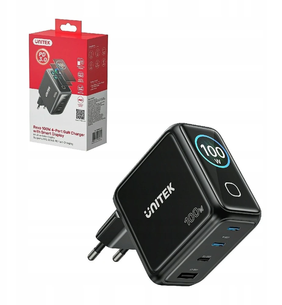 UNITEK GAN CHARGER WITH DISPLAY, 100W, 3xUSB-C