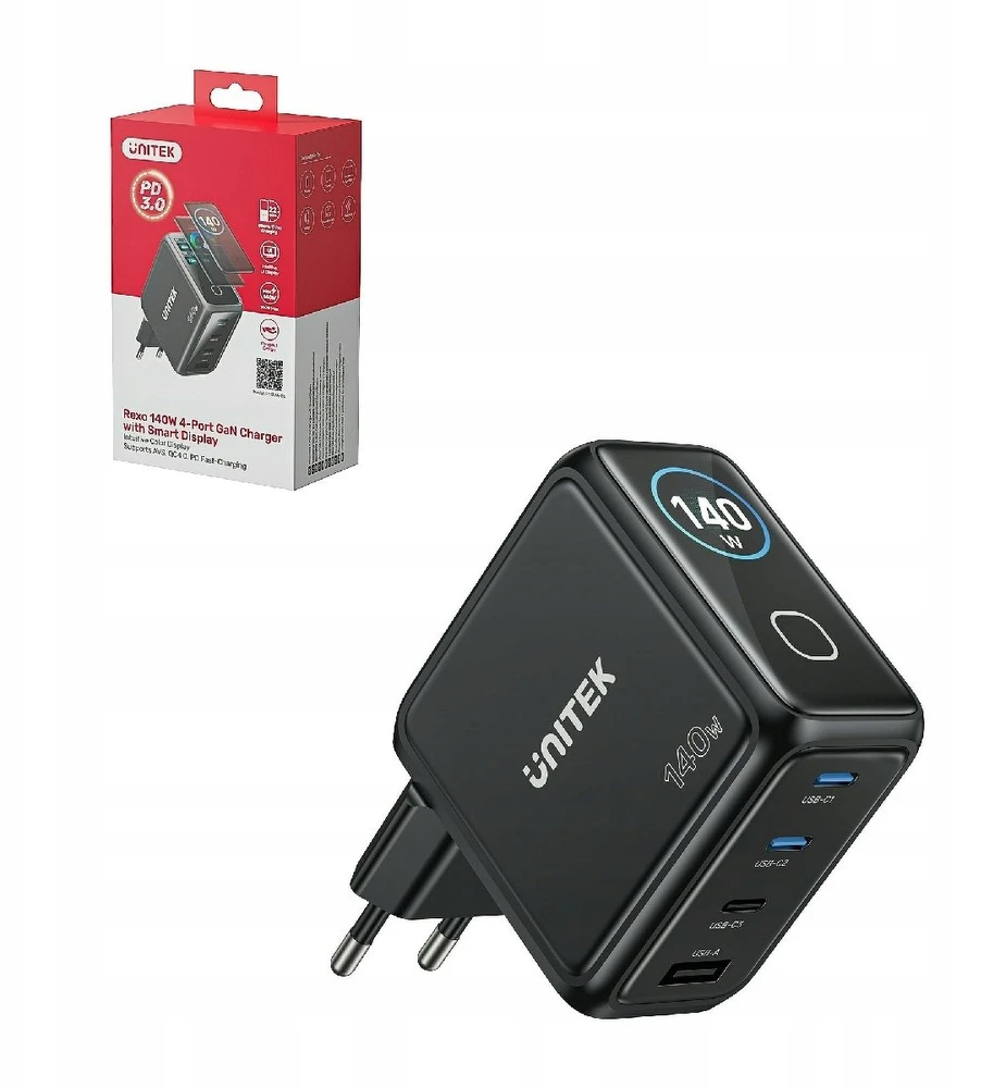 UNITEK GAN CHARGER WITH DISPLAY, 140W, 3xUSB-C