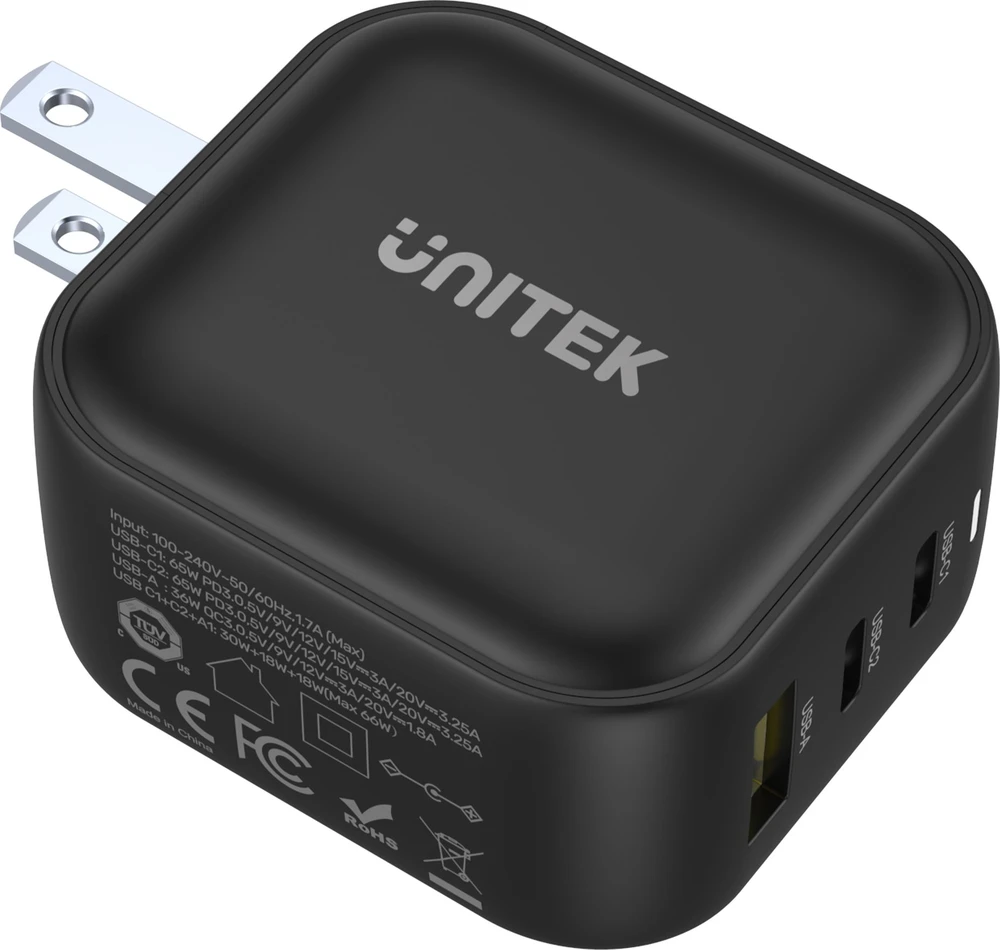 UNITEK CHARGER GaN 2x USB-C 1x USB-A PD QC 3.0 66W Juodas