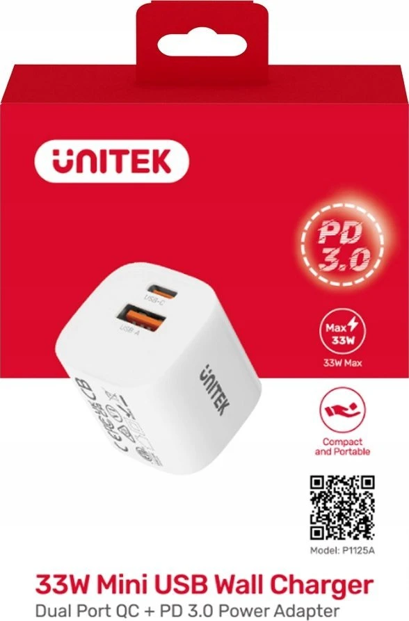Unitek 1x USB-A 1x USB-C QC 33W balta