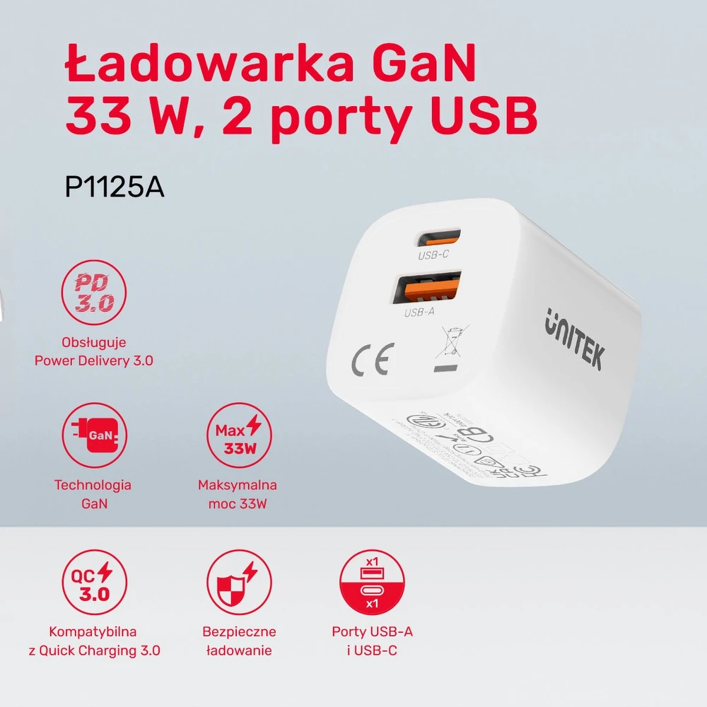 Unitek 1x USB-A 1x USB-C QC 33W balta