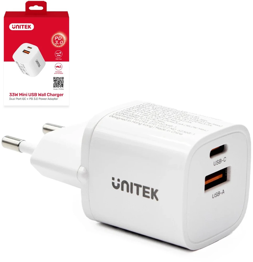 Unitek 1x USB-A 1x USB-C QC 33W balta