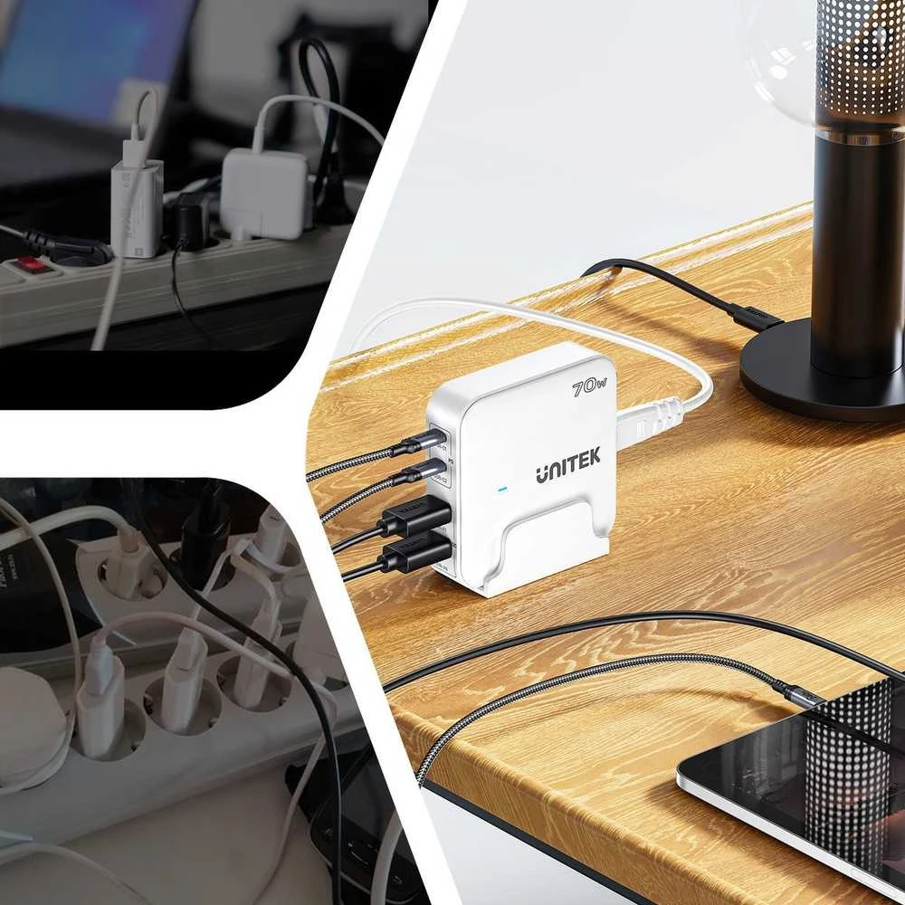 GaN tinklo įkroviklis - Unitek P1228AWH01-EU | 70 W 2x USB-C 2x USB-A