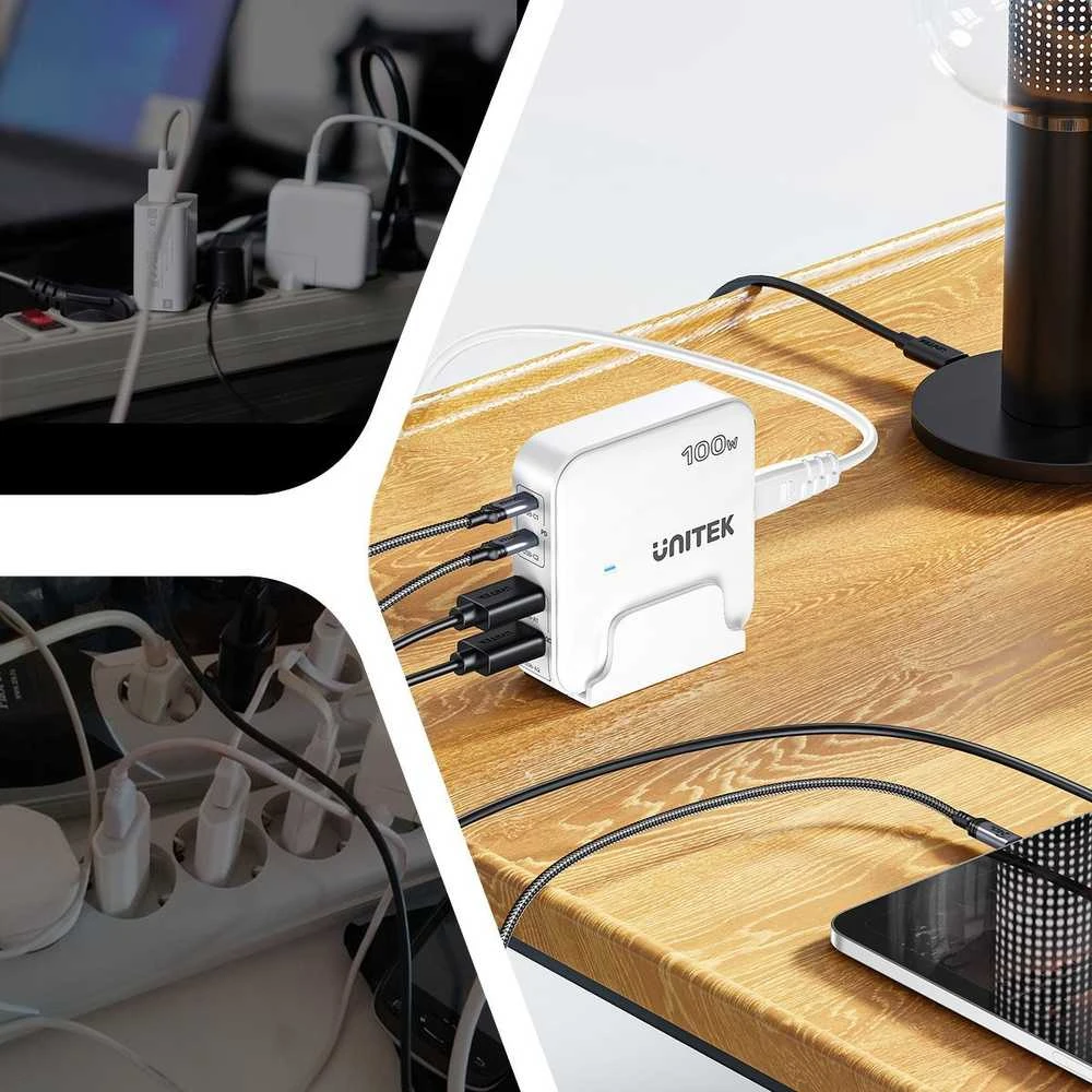 Unitek Įkroviklis rašomasis stalas GaN 100W 2xUSB-A 2xUSB-C juoda