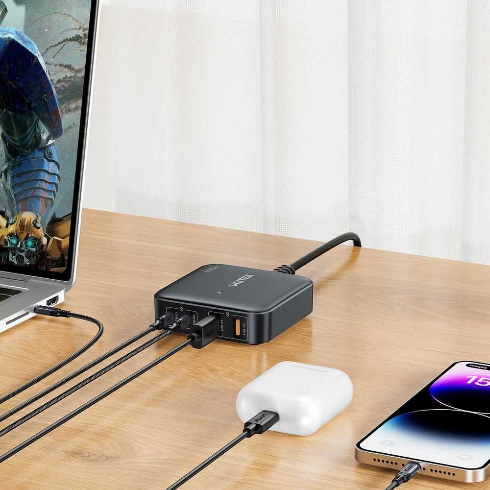 Unitek Įkroviklis rašomasis stalas GaN 100W 2xUSB-A 2xUSB-C juoda