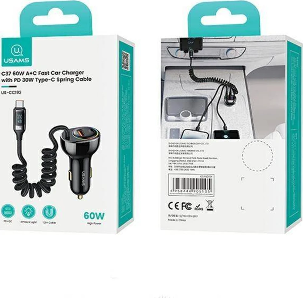 USAMS automobilinis įkroviklis C37 1xUSB+1xUSB-C 60W +USB-C Cable 30W PD+QC Fast Charge juodas CC192CC01