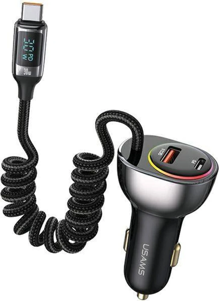 USAMS automobilinis įkroviklis C37 1xUSB+1xUSB-C 60W +USB-C laidas 30W PD+QC greitas įkrovimas juodas CC192CC01