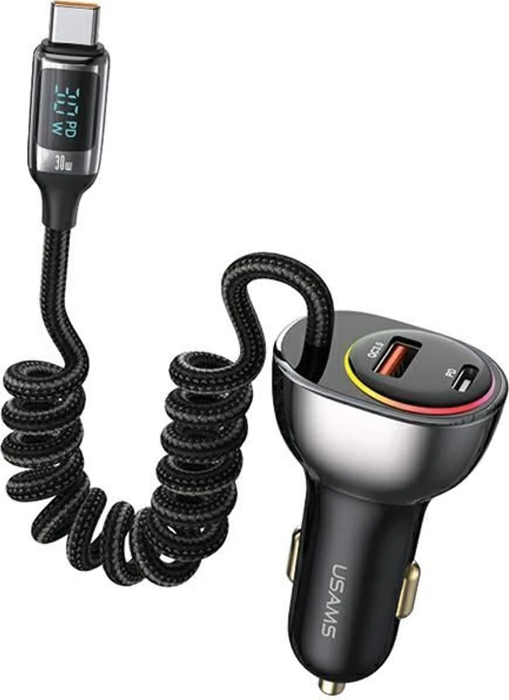 USAMS automobilinis įkroviklis C37 1xUSB+1xUSB-C 60W +USB-C Cable 30W PD+QC Fast Charge juodas CC192CC01