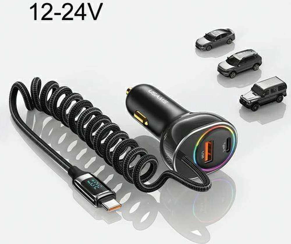 USAMS automobilinis įkroviklis C37 1xUSB+1xUSB-C 60W +USB-C Cable 30W PD+QC Fast Charge juodas CC192CC01