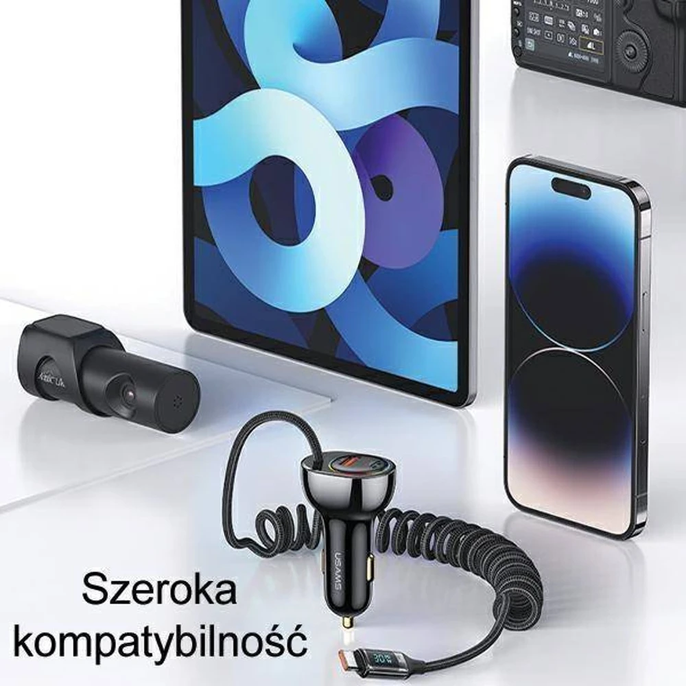 USAMS automobilinis įkroviklis C37 1xUSB+1xUSB-C 60W +USB-C Cable 30W PD+QC Fast Charge juodas CC192CC01