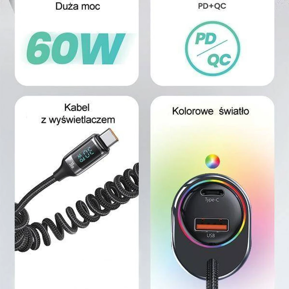 USAMS automobilinis įkroviklis C37 1xUSB+1xUSB-C 60W +USB-C Cable 30W PD+QC Fast Charge juodas CC192CC01