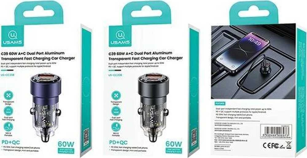 USAMS automobilinis įkroviklis C39 USB+USB-C 60WFast Charge violetinė CC208CC02 (US-CC208)