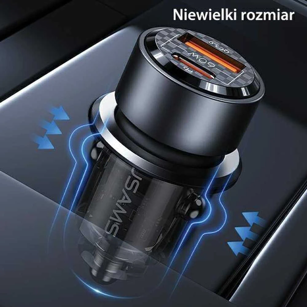 USAMS automobilinis įkroviklis C39 USB+USB-C 60WFast Charge violetinė CC208CC02 (US-CC208)