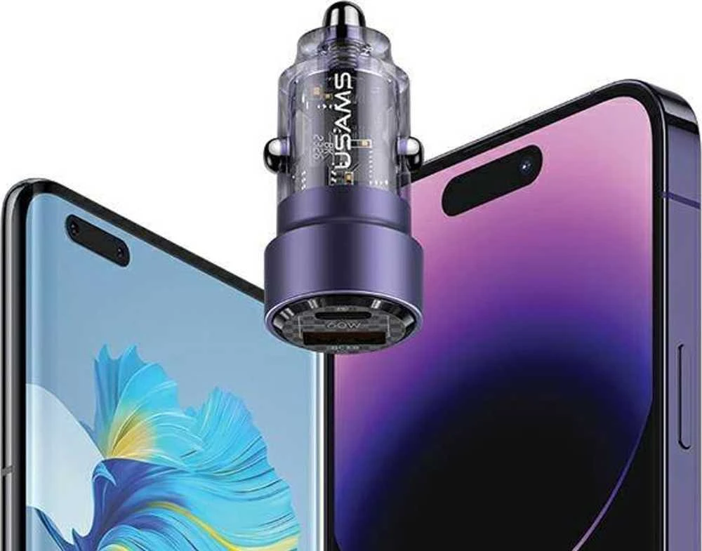 USAMS automobilinis įkroviklis C39 USB+USB-C 60WFast Charge violetinė CC208CC02 (US-CC208)
