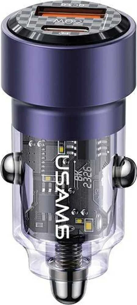 USAMS automobilinis įkroviklis C39 USB+USB-C 60WFast Charge violetinė CC208CC02 (US-CC208)