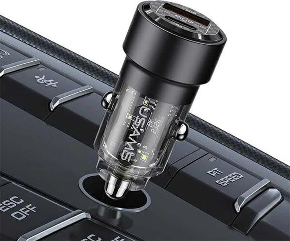 USAMS automobilinis įkroviklis C39 USB+USB-C 60WFast Charge violetinė CC208CC02 (US-CC208)