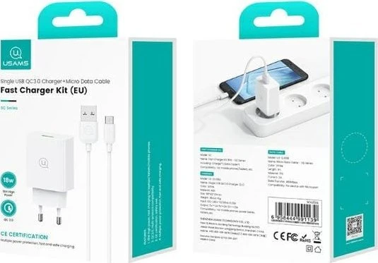USAMS 18W Laidinis įkroviklis + USB-C/USB-A1m Fast Charging Cable baltos spalvos Series SC SCXLTZ02