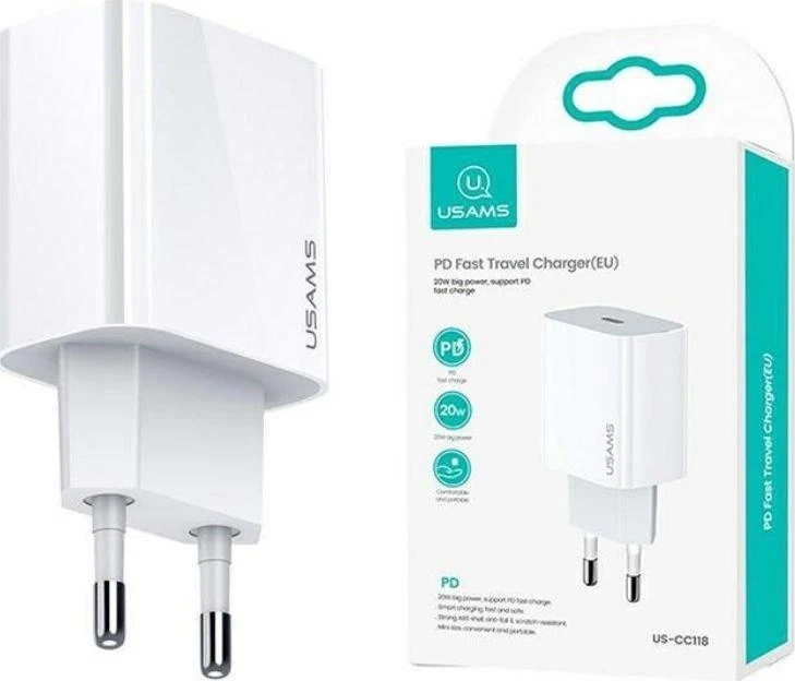 USAMS kelioninis įkroviklis 20W USB-C PD, Baltas