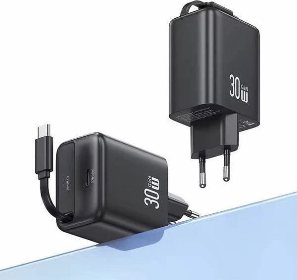 USAMS įkroviklis 1xUSB-C su ištraukiamu USB-C PD+QC 30W Gan greitas įkrovimas baltos spalvos