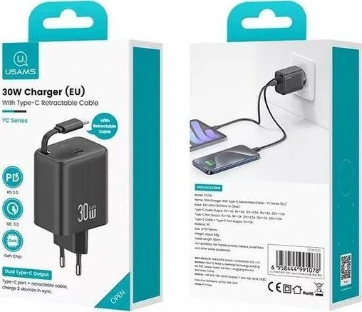 USAMS įkroviklis 1xUSB-C su ištraukiamu USB-C PD+QC 30W Gan greitas įkrovimas baltos spalvos