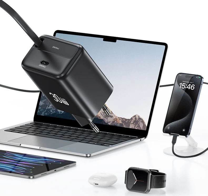 USAMS įkroviklis 1xUSB-C su ištraukiamu USB-C PD+QC 30W Gan greitas įkrovimas baltos spalvos