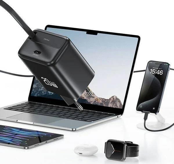 Usams SAMS įkroviklis 1xUSB-C su ištraukiamu USB-C PD+QC 20W Gan greito įkrovimo juodos spalvos