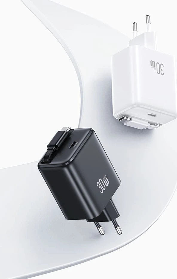 USAMS įkroviklis 1xUSB-C su ištraukiamu USB-C PD+QC 30W Gan greitas įkrovimas baltos spalvos
