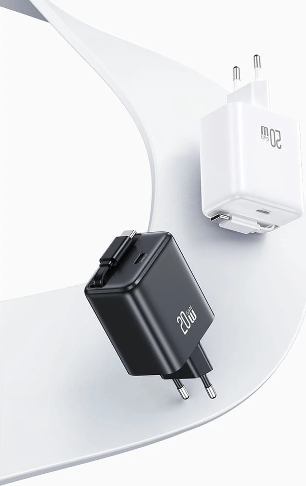 USAMS įkroviklis 1xUSB-C su ištraukiamu USB-C PD+QC 20W Gan greito įkrovimo baltos spalvos