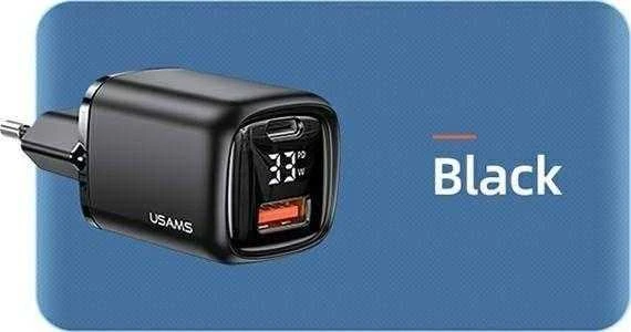 USAMS Laidinis įkroviklis 1xUSB-C + 1xUSB T46 33W (only head) PD3.0 + QC3.0 Fast Charging juodos spalvos CC152TC01