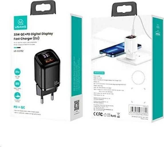 USAMS Laidinis įkroviklis 1xUSB-C + 1xUSB T46 33W (only head) PD3.0 + QC3.0 Fast Charging juodos spalvos CC152TC01