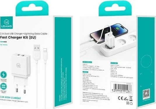 USAMS įkroviklis 2xUSB 18W + laidas „Lightning“/USB-A greito įkrovimo baltos spalvos serijos HC HCXLTZ01