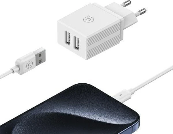 USAMS įkroviklis 2xUSB 18W + laidas „Lightning“/USB-A greito įkrovimo baltos spalvos serijos HC HCXLTZ01