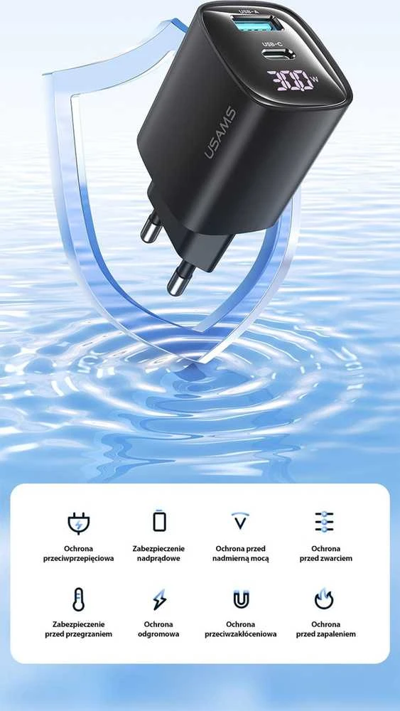 USAMS Laidinis įkroviklis CC229 30W GaNUSB-C/USB-A Fast Charging XC Series juodos spalvos CC229TC01