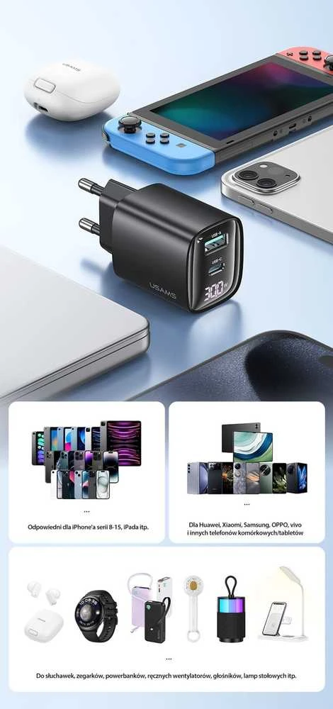USAMS Laidinis įkroviklis CC229 30W GaNUSB-C/USB-A Fast Charging XC Series juodos spalvos CC229TC01
