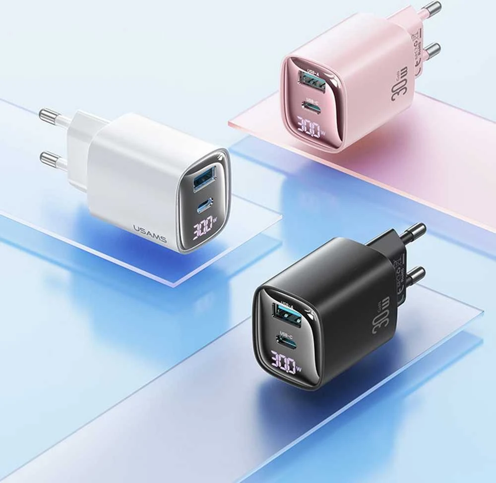 USAMS Laidinis įkroviklis CC229 30W GaNUSB-C/USB-A Fast Charging XC Series juodos spalvos CC229TC01