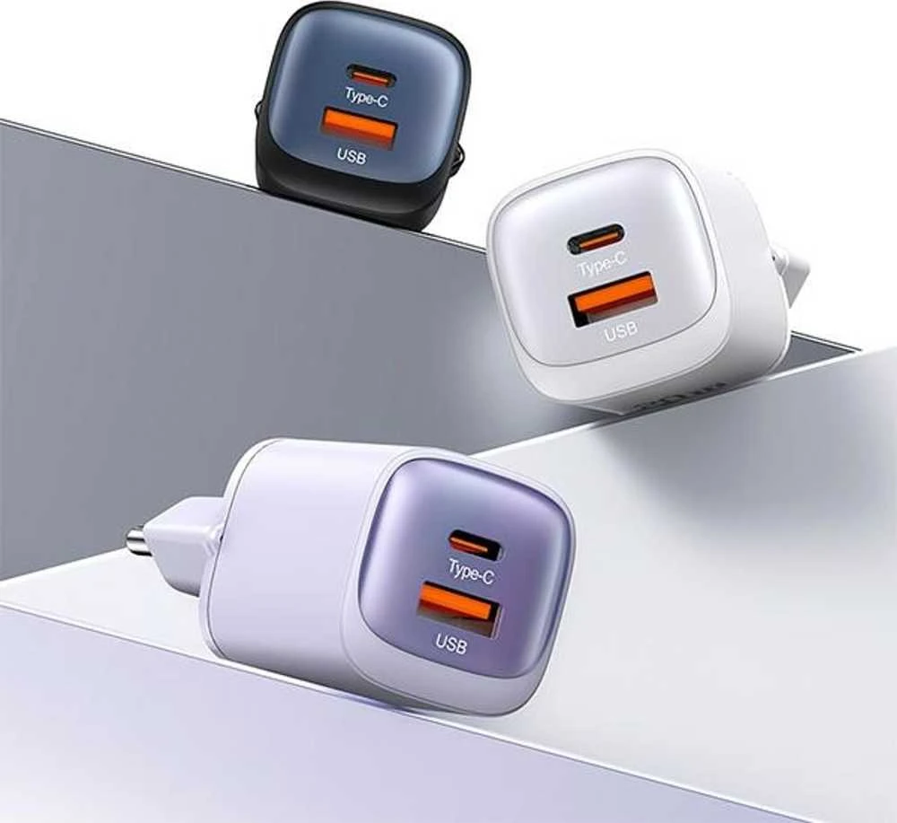 USAMS Laidinis įkroviklis CC254 30W GaNUSB-C/USB-A Fast Charging HC Series juodos spalvos CC254TC01