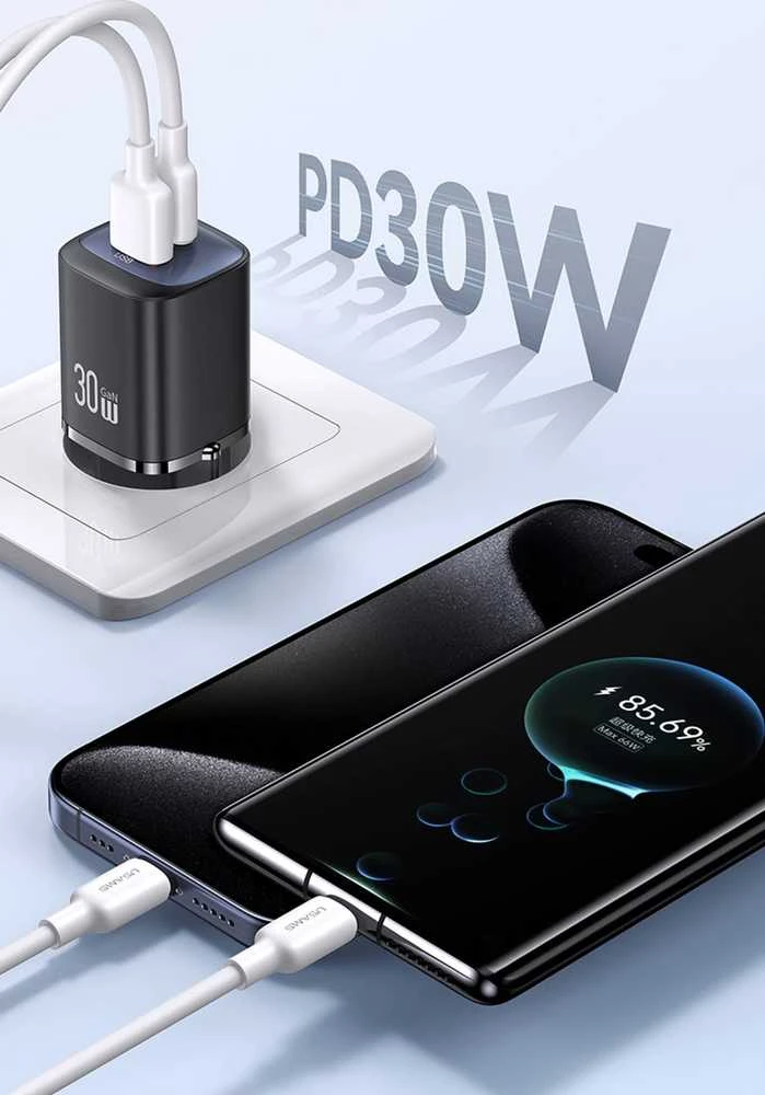 USAMS Laidinis įkroviklis CC254 30W GaNUSB-C/USB-A Fast Charging HC Series juodos spalvos CC254TC01