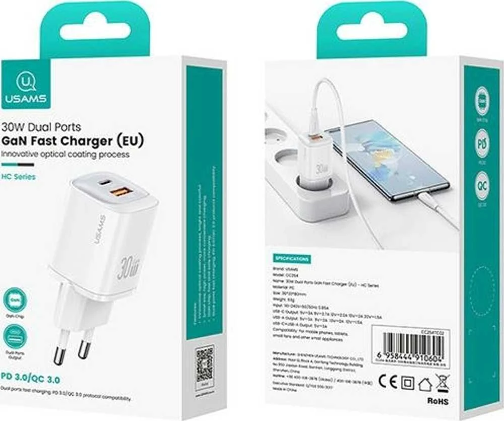 USAMS Laidinis įkroviklis CC254 30W GaNUSB-C/USB-A Fast Charging HC Series juodos spalvos CC254TC01