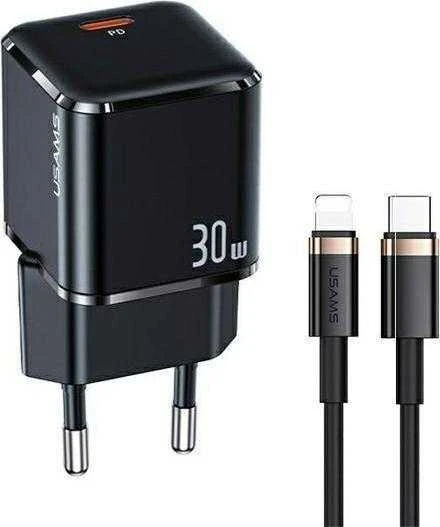 USAMS Tinklo įkroviklis 1xUSB-C T45 30W PD3.0 Fast Charging +kabelis U63 USB-C/Lightning juodos spalvos UXTZH01 (USAMS-UX)