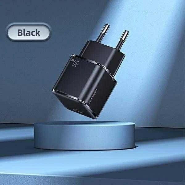 USAMS Tinklo įkroviklis 1xUSB-C T45 30W PD3.0 Fast Charging +kabelis U63 USB-C/Lightning juodos spalvos UXTZH01 (USAMS-UX)