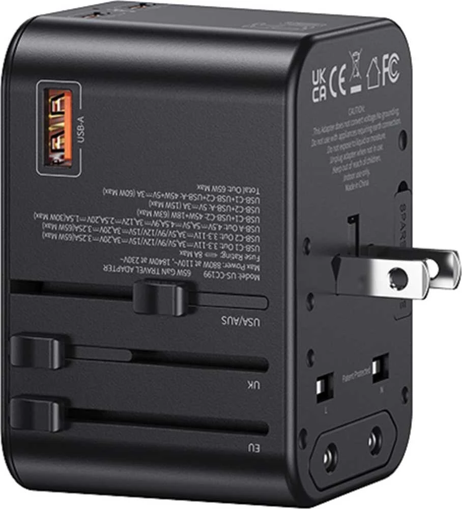 USAMS Adapteris network 1xUSB+2xUSB-C T62 65W4in1 US/AU/EU/UK juodas/juodas CC199TC01 (US-CC199) Univesa