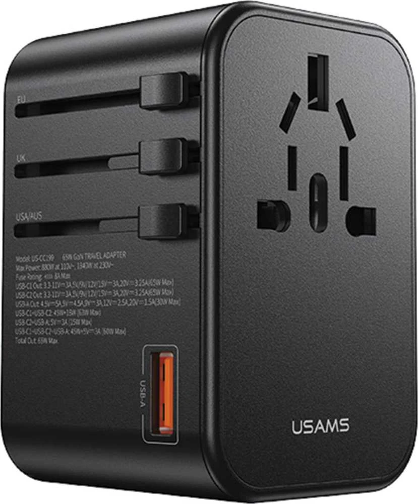 USAMS Adapteris network 1xUSB+2xUSB-C T62 65W4in1 US/AU/EU/UK juodas/juodas CC199TC01 (US-CC199) Univesa